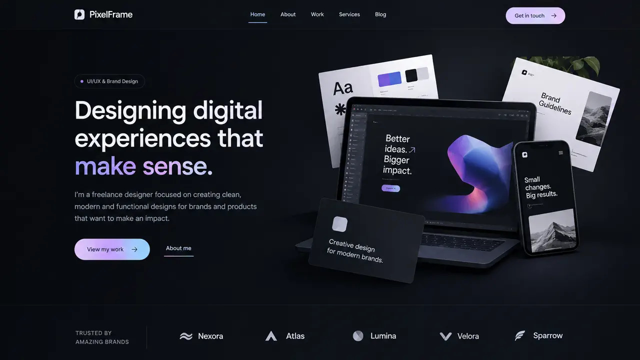 A dark editorial portfolio page displayed inside a browser window.