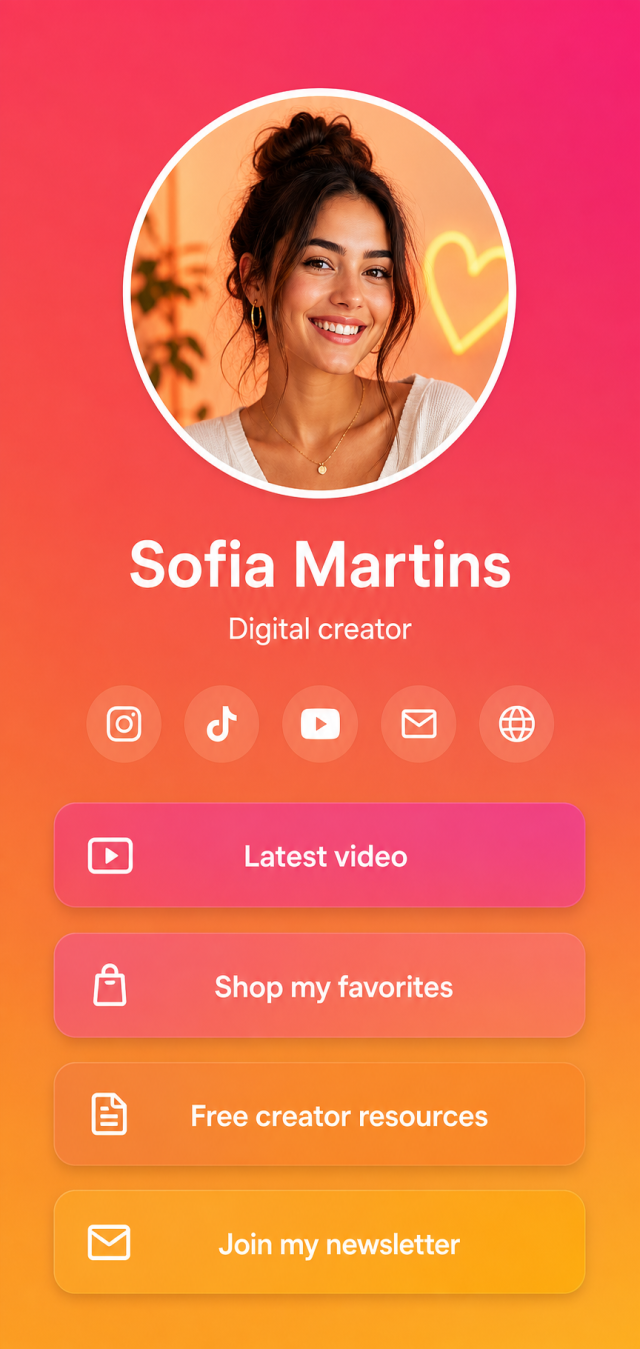 Gradient link-in-bio page example for a digital creator with social icons and colorful link buttons