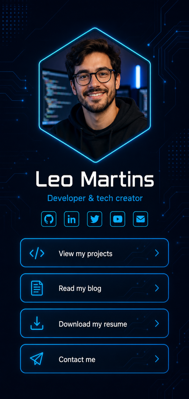 Dark technology link-in-bio page example for a developer with project, blog and resume links