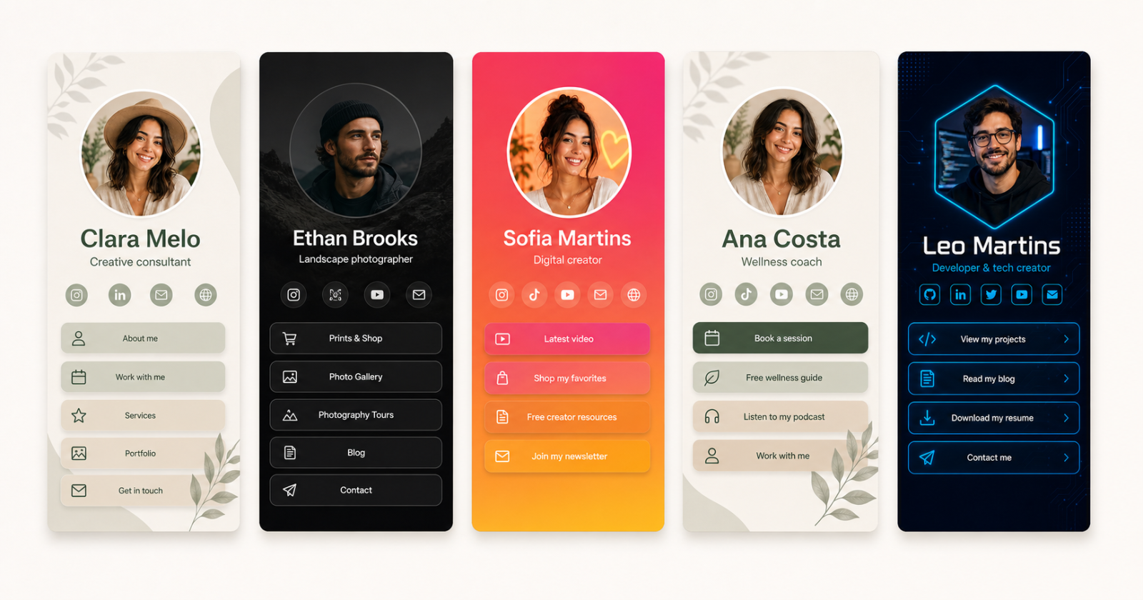 Five customizable link-in-bio page themes for creators, photographers, wellness coaches and developers