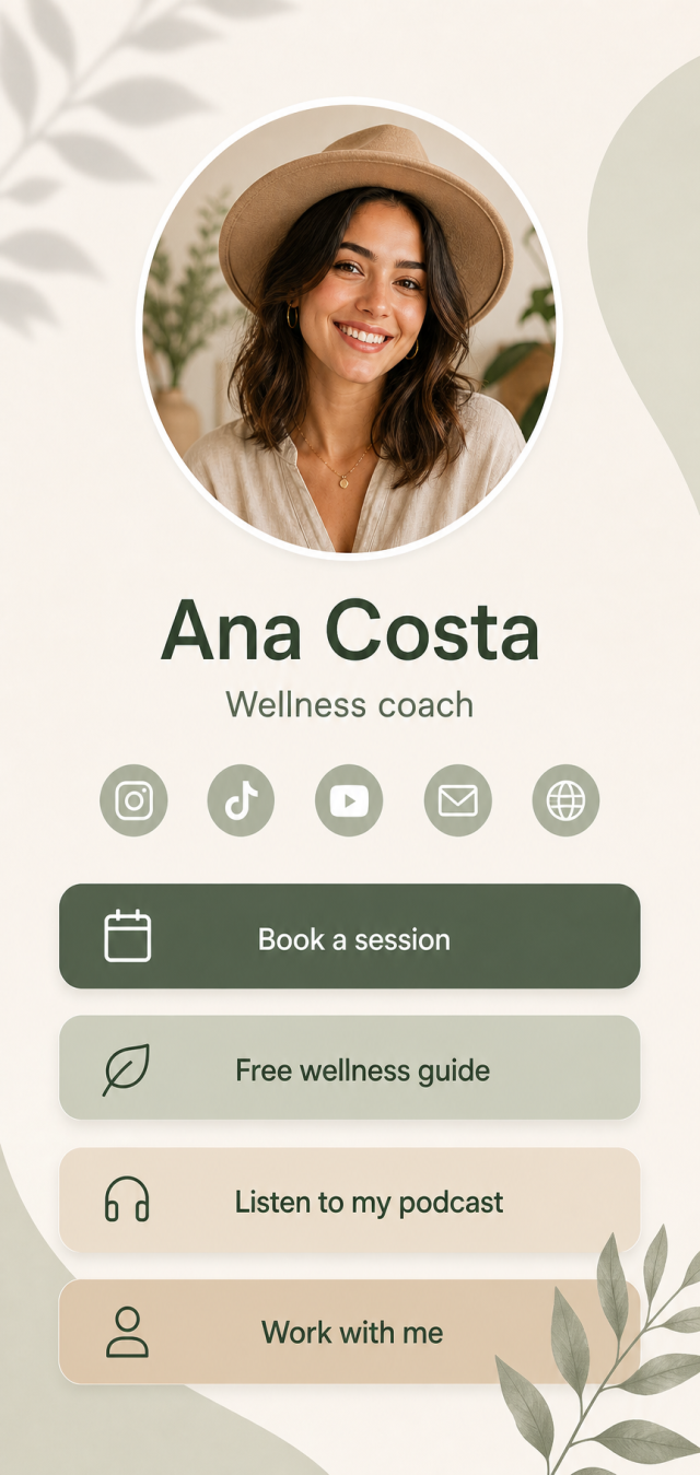 Soft pastel link-in-bio page example for a wellness coach with booking and podcast links
