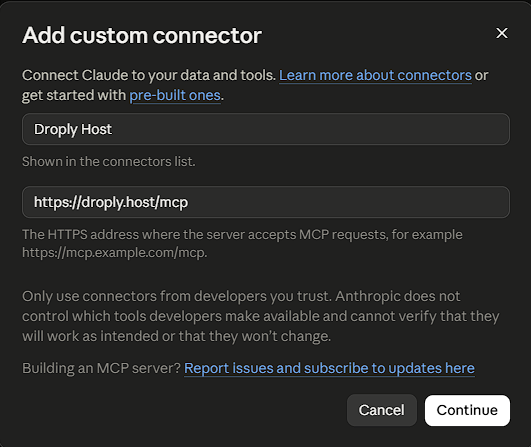 Claude's Add custom connector dialog with the name and the MCP server address filled in