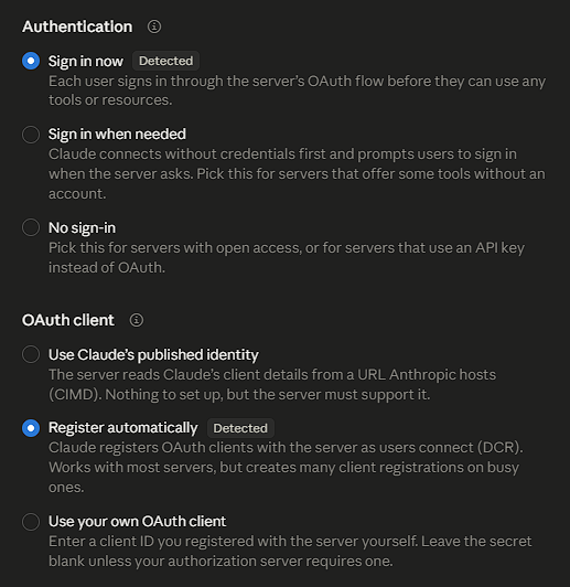 Claude's sign-in options with Sign in now and Register automatically selected, both marked Detected