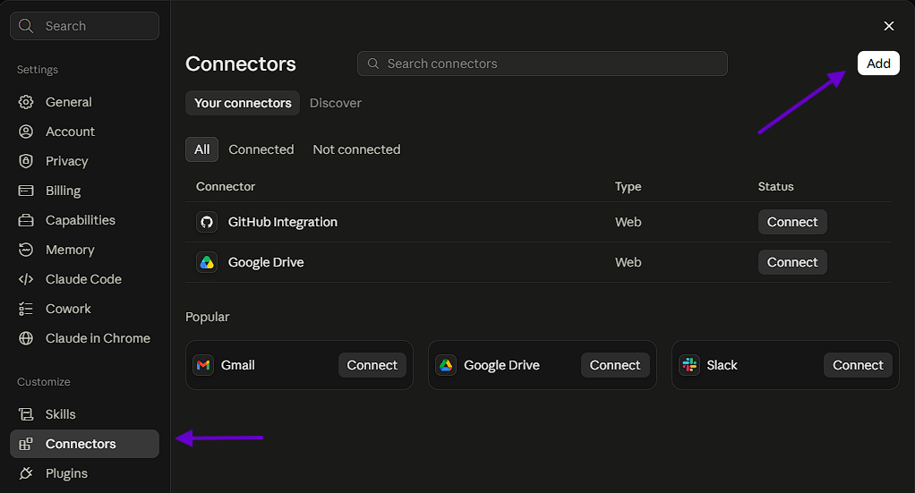Claude settings with Connectors selected in the sidebar and the Add button at the top right