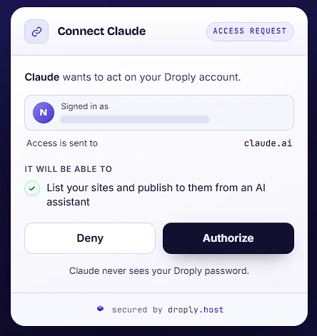 The Droply screen asking to connect Claude, with the signed-in account and access sent to claude.ai